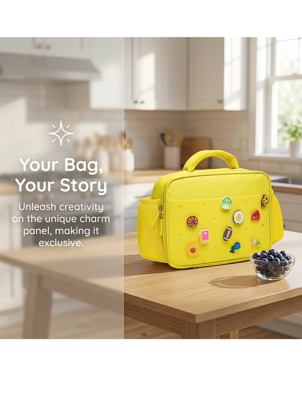 Kids Bright Yellow Lunch Bag with Charms - Picture 3 of 9